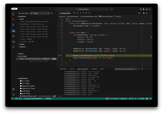 VSCode disassembling generated WebAssembly code from a Swift breakpoint. 
