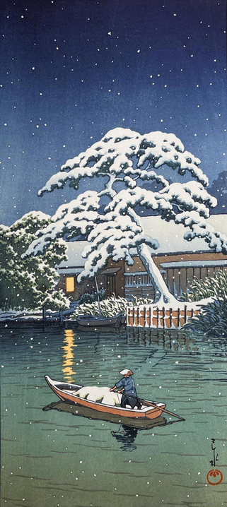 A lone pilot steers a small wooden boat loaded with cargo along a river, on a snowy winter's evening. A house stands on the riverbank beyond, warm yellow light glowing in the window, reflecting and scattering on the surface of the river. A tall wiry pine tree plastered with snow stands close to the house. Snow continues to fall from an overcast evening sky.