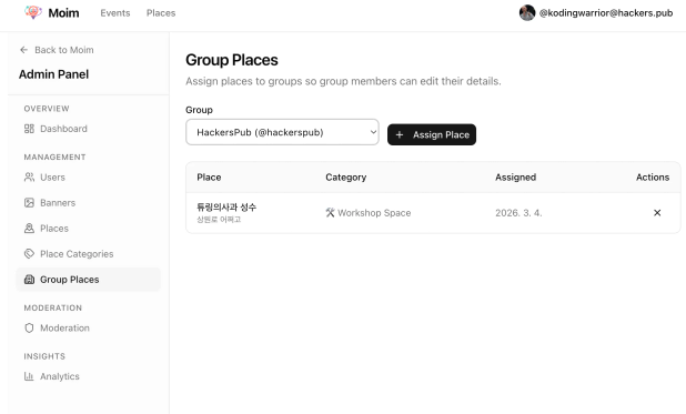 Admin Panel for managing group/place/moderation action