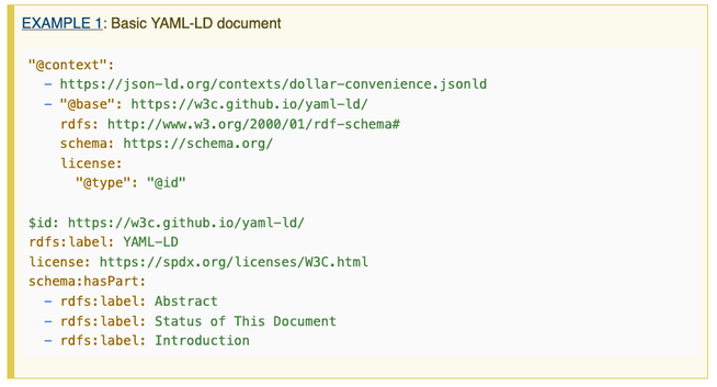 
Example 1: Basic YAML-LD document

"@context":
  - https://json-ld.org/contexts/dollar-convenience.jsonld
  - "@base": https://w3c.github.io/yaml-ld/
    rdfs: http://www.w3.org/2000/01/rdf-schema#
    schema: https://schema.org/
    license:
      "@type": "@id"

$id: https://w3c.github.io/yaml-ld/
rdfs:label: YAML-LD
license: https://spdx.org/licenses/W3C.html
schema:hasPart:
  - rdfs:label: Abstract
  - rdfs:label: Status of This Document
  - rdfs:label: Introduction

