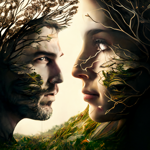 A man and a woman face each other, branches and leaves grow from their faces.