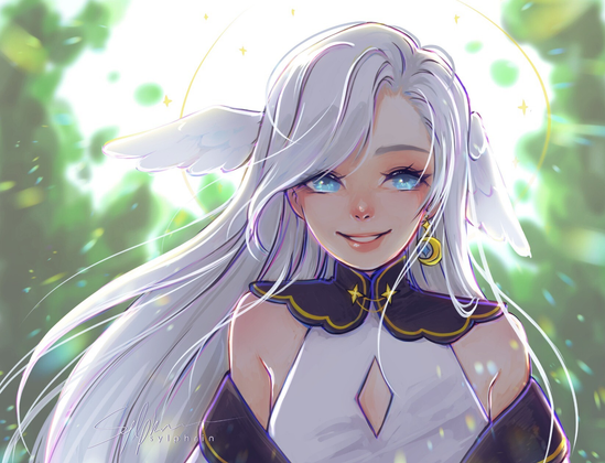 Bust-up portrait of a young female figure. Vibes are... ethereal but approachable, I guess? She's smiling a little awkwardly with her shoulders raised and is looking off to the right.
She is very pale and has a light color palette befitting the nickname "Snow". She has long hair with small wings on either side of her head, a subtle halo, and a shoulder-less dress with a diamond-shaped window in the front center. Accessories are star and moon themed.