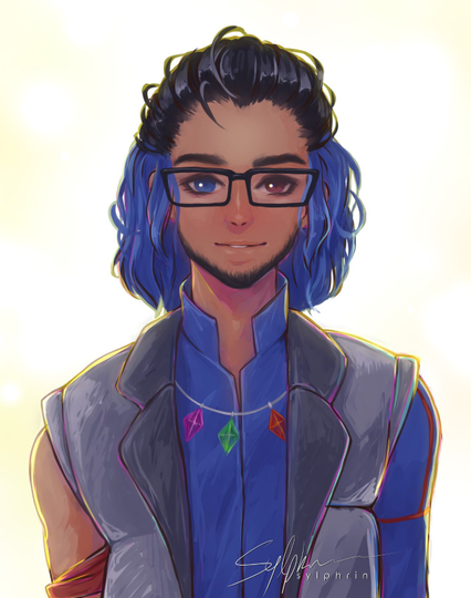 Half-body portrait of a masculine figure. Vibes could be described as "dreamy". He is front-on and looking directly at the viewer with a hint of a smile, mouth partially open. 
He has a short beard along the jawline and chin, and his hair is half-up in a pony tail. He is wearing a one-sleeved shirt with a standing color, and a vest with lapels. There is a cloth tied around his exposed arm, and he sports horn-rimmed glasses and a necklace with various crystals.