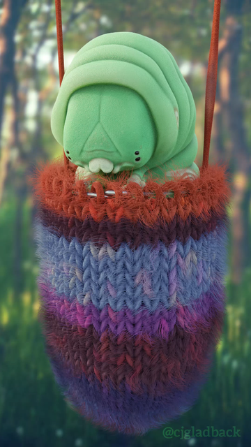 A still from a 3D rendered video of a tomato hornworm knitting its own cocoon. Its plump body centered in the vertical image, the hornworm is a light green with large wrinkles across its back, four dark eyes set low in its face, and light colored mouth parts and legs. Its legs are just visible through the top stitches of the fuzzy yarn on silver-tipped circular knitting needles. The cocoon is stockinette stitch from the outside, so the hornworm is purling left-handed. Its cocoon is rounded at the bottom, presumably holding the hornworm's curled body, and has stripes of various thickness. The yarn has fine hairs on it, like eyelash yarn, and its color blocks are variations of blue and plum until the most recent rows, which are bright orange. On either side of the hornworm are two vertically stretched strands of orange yarn from which the whole pupa is hanging; the one on the right of the frame appears wider in the middle as it is mid-twang from released tension during the knitting-driven rotation. Behind the hornworm is a copse of trees and lush green grass, lit from the left by dappled morning light. This was a modified photo from Matteo Silvestri through Unsplash. The hornworm and its cocoon are lit indirectly with softer light from the left.