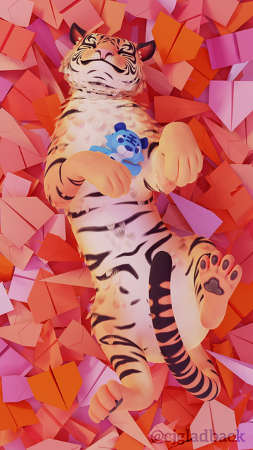 A 3D rendered image of a tiger, seen from above as it lays on its back with its paws relaxed in the air. It is laying on a surface covered by various kinds of paper airplanes, folded different ways and in a variety of bright reds, oranges, and pinks. The tiger's eyes are closed, its tail curved into the air closer to the camera between its rear feet, and it is loosely holding a bright blue stuffed toy tiger to its chest. The tiny toy tiger has buttons for eyes and the traditional three-cross-beamed Chinese character "王" on its forehead in felt.
