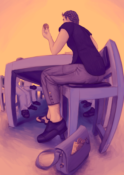 A digital drawing in shades of orange and purple of a woman wearing mismatched shoes, Capri pants, and a black shirt. She is sitting askew in a chair set sideways at the end of a table, with her right leg extended under the table while her left foot rests on the rung of her chair toward us. The table is receding away from our viewpoint, with the legs of at least four other people wearing identical shoes and long pants visible seated on either side of the table. The woman's shoe on the chair rung matches the others, a solid dark colored Oxford. Her shoe extended under the table is patterned with lighter colored material on the toe and wrapped around the ankle. She is holding a large metallic coin with the word "token" on its face. Her purse sits in the foreground with more tokens of different designs overfilling its outer pocket along with the first page of I Do Not Want to Write Today: A Comic, published by Shing Yin Khor in Catapult.