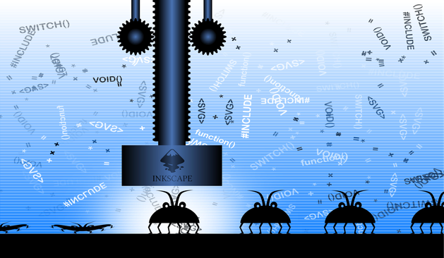 A side view of a bug-squashing machine, with bugs on a conveyor belt being squashed flat, with code snippets floating around in the background.