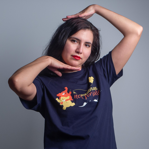 The same beautiful woman showcasing a different t-shirt, featuring the slogan "My friends are not for sale", with two elephants running around with a flying kite, which is also shaped like an elephant.