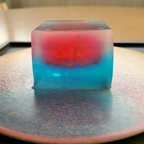 A spectacular red and blue yokan, flavoured with apricot.