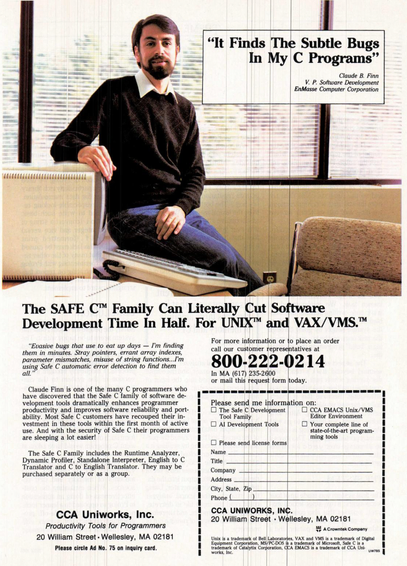Vintage magazine advertisement for SAFE C™, a software development tool for UNIX and VAX/VMS. A man in a dark sweater and jeans sits casually on a desk next to a computer terminal and keyboard. A testimonial quote reads "It Finds The Subtle Bugs In My C Programs," attributed to Claude B. Finn, V.P. Software Development, EnMasse Computer Corporation. The tagline at the bottom reads "The SAFE C™ Family Can Literally Cut Software Development Time In Half. For UNIX™ and VAX/VMS.™"