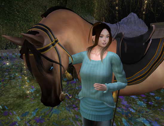 A screenshot of my Second Life avatar with a horse. 