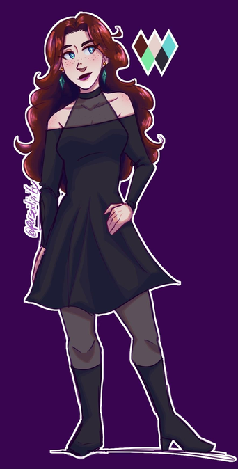 A full body rendered digital drawing of Cadmus, a fair skinned woman with long wavy red hair wearing a black dress. There is a white outline around her, as well as the color palette next to her. The background is solid purple.