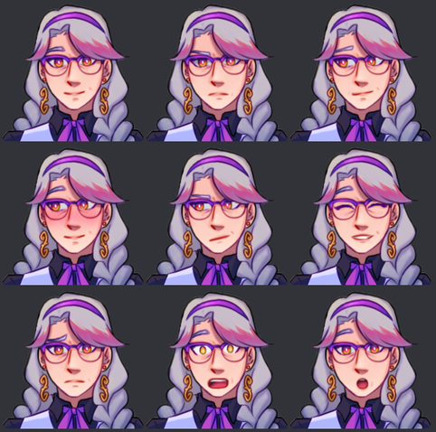 Portrait drawings of Tira with nine different facial expressions. She is a light skinned woman with long gray hair in twin braids and pink tipped bangs, long golden earrings, and large purple framed glasses.