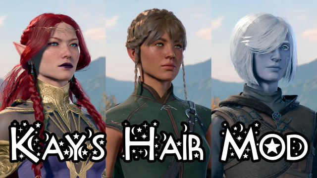 Screenshots of three characters in the Baldur's Gate 3 character creation screen, all with modded hair, equipment, etc. The words "Kay's Hair Mod" is overlayed in a large decorative font.