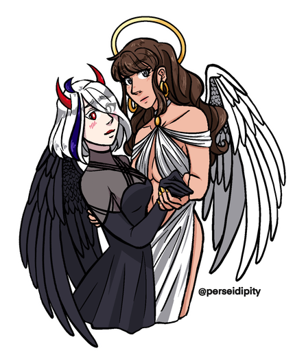 Digital colored art of Sol with red demon horns, black feathery wings and a black dress & gloves, and Rena with a halo, white angel wings, and a very loose & revealing white dress. They are posed as if dancing together but looking at the viewer. The background is transparent.