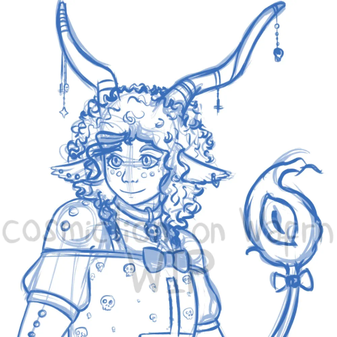 Digital messy sketch in blue tones of Belmon, a humanoid demon, drawn from the waist up. They are Black and have short curly hair, thick eyebrows, goat ears, horns that curve upwards and a long tail with hair with a big goat eye on the tip. They are wearing ann off-shoulder short sleeved t-shirt with a pattern of tiny skulls and a bow on the front over a muscle t-shirt, a choker with a skull pendant, a bowtie on their tail, one piercing in their left ear and three in their right ear and several bands with tiny pendants on their horns: a diamond, a skull and an inverted cross on their right horn and a skull and an inverted cross on their left horn. The background is white.