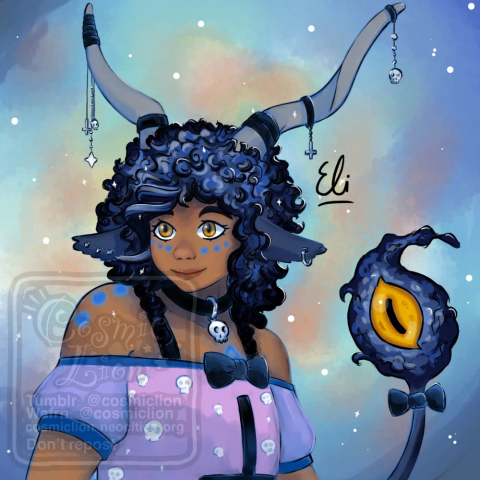 Digital fully rendered illustration of Belmon, a humanoid demon, drawn from the waist up. They are Black and have dark short curly hair with highlights in lighter blue, thick eyebrows, yellow eyes, greyish blue goat ears, light grey horns that curve upwards and a long greyish blue tail with dark blue curly hair with highlights in lighter blue and a big yellow goat eye on the tip. They are wearing a light purple off shoulder short sleeved t-shirt with a pattern of tiny skulls, a black inverted cross and a black bow on the front over a black muscle t-shirt, a black choker with a skull pendant, a black bowtie on their tail, one piercing in their left ear and three in their right ear and several black bands with tiny pendants on their horns: a diamond, a skull and an inverted cross on their right horn and a skull and an inverted cross on their left horn. They have blue markings on their skin: three dots under each eye, three dots on each shoulder and a five-pointed star on their chest. They are staring into the distance and smiling. The background is predominantly bright blue with orange, purple and green tones and stars like a nebula.