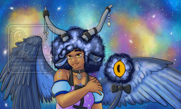 Digital fully rendered illustration of Belmon, a humanoid demon, drawn from the waist up. They are Black and have dark blue afro hair with highlights in lighter blue, thick eyebrows, yellow eyes, big dark blue feathered wings with lighter blue on the inside, greyish blue goat ears, light grey horns that curve upwards and a long greyish blue tail with dark blue afro hair with highlights in lighter blue and a big yellow goat eye on the tip. They are wearing a light purple off shoulder short sleeved t-shirt with a pattern of tiny skulls and a black bow on the front over a black muscle t-shirt, a black choker with a skull pendant, a black bowtie on their tail, one piercing in their left ear and three in their right ear and several black bands with tiny pendants on their horns: a diamond, a skull and an inverted cross on their right horn and a skull on their left horn. They have blue markings on their skin: three dots under each eye, three dots on each shoulder and a five-pointed star on their chest. They are placing their right hand on their left shoulder and smiling at the viewer. The background is predominantly bright blue with red and green tones and stars like a nebula.