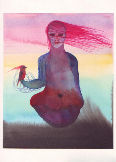 Dessin d'un personnage en lévitation cheveux aux vents, un oiseau au bout de son bras, tous deux comme reliés, des sorte de flux les relies aussi