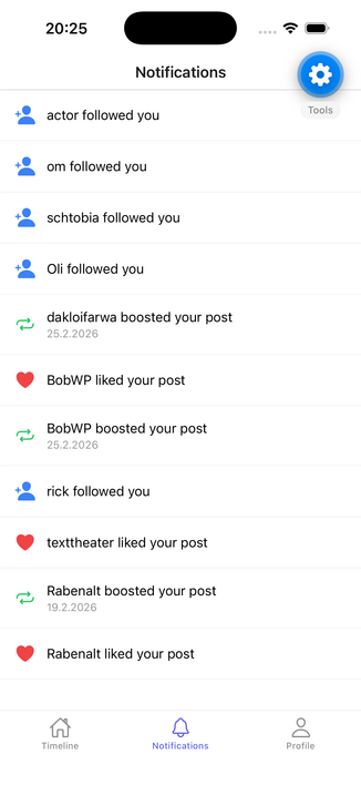 Screenshot of an ActivityPub Client on an iPhone, showing the Activities.