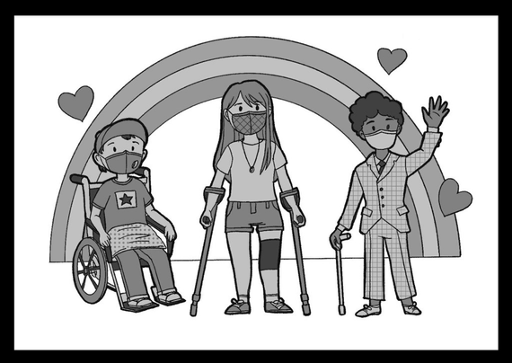 Greyscale image of several Disabled people in front of a rainbow. One is in a wheelchair, one has arm crutches, and another has a cane. They are all wearing masks.