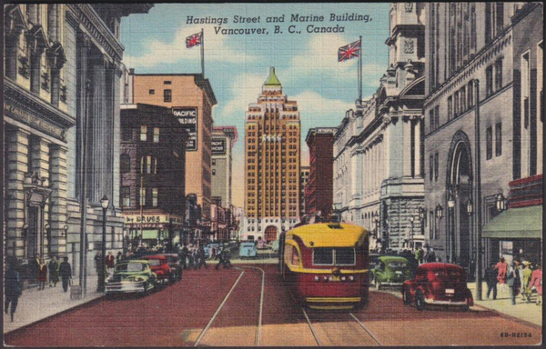 Printed linen-type colour postcard showing a lively view of Hastings Street and the Marine Building at Vancouver in British Columbia, Canada.

Published by The Coast Publishing Co, Vancouver, printed by Curt Teich, Chicago, No 6B-H2154, 1946.

Postally unused.

Very good condition, with very slight corner bumps.