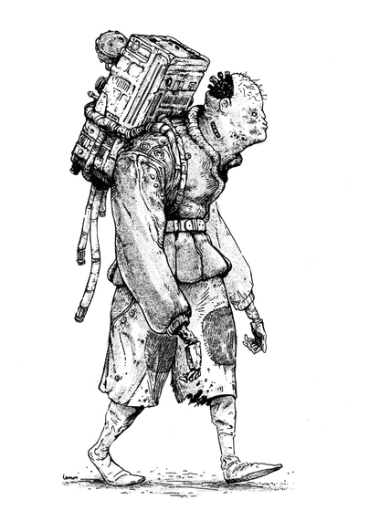 Drawing of a man with mechanic hands, walking, carrying a strange technological backpack. His head has an opening showing connectors emerging from the brain area.