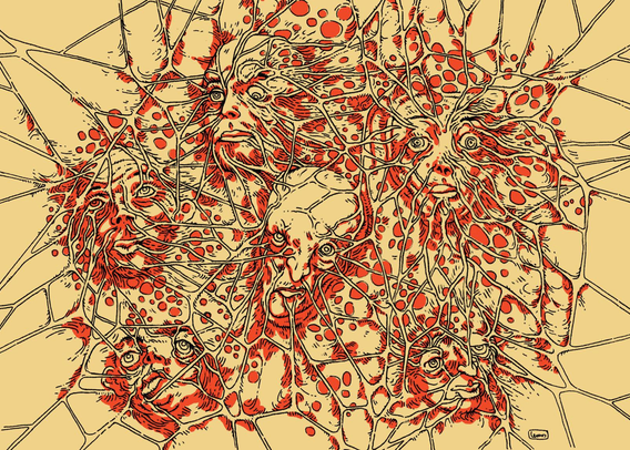 Illustration of several rotting heads emerging from a membrane