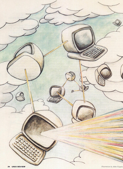 Illustration showing multiple beige desktop computers floating among clouds in an open sky, connected to each other by thin golden lines forming a network, with one large computer in the foreground emitting a burst of colorful rainbow light rays from its screen.