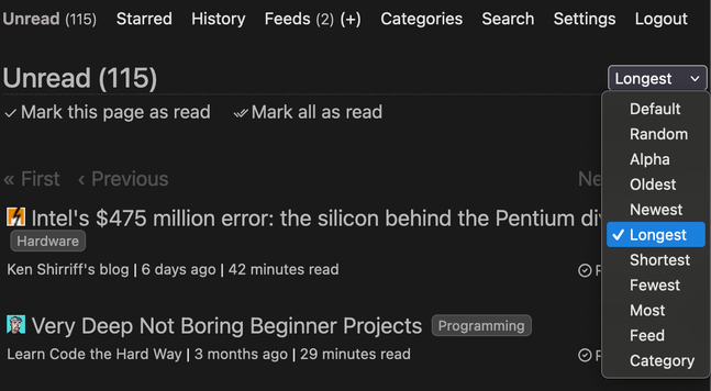 Screenshot of the customized Miniflux reader web app showing a dropdown of sorting options