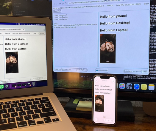 Three synced devices (laptop, external monitor, and iPhone) running the PeerSky p2pmd editor showing shared markdown text ‘Hello from phone/Desktop/Laptop!’ and a dog photo inserted via IPFS.
