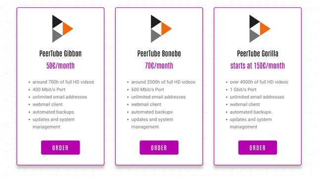 Screenshot of the website showing different pricing options for a Peertube instance:

1. PeerTube Gibbon (50€ per month)
- around 700 hours of full HD videos
- 400 Megabit per second Port

2. PeerTube Bonobo (70€ per month)
- around 2000 hours of full HD videos
- 600 Megabit per second Port

3. PeerTube Gorilla (starts at 150€ per month)
- over 4000 hours of full HD videos
- 1 Gigabit per second Port

Additionally all 3 options have the following services in common:
- unlimited email addresses
- webmail client
- automated backups
- updates and system management