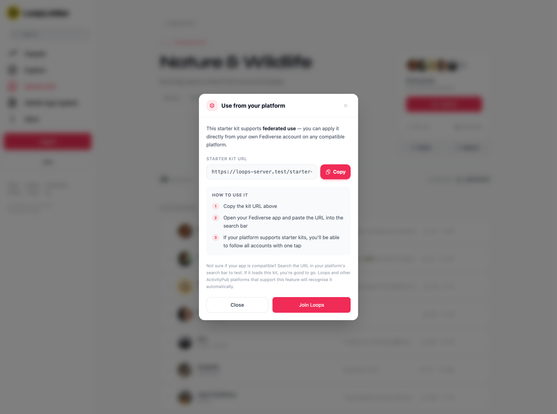 Loops Starter Kits Kit page federation modal