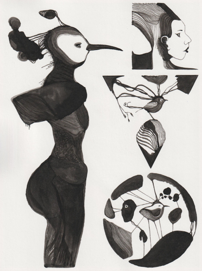 Dessins à l'encre de Chine dans un carnet. On y voit un personnage avec un tête d'oiseau, des formes bizzare sont reliées à son crâne par des fils. On voit un tête de profil. Deux oiseaux sont reliés eux aussi par des fils à des formes bizzares