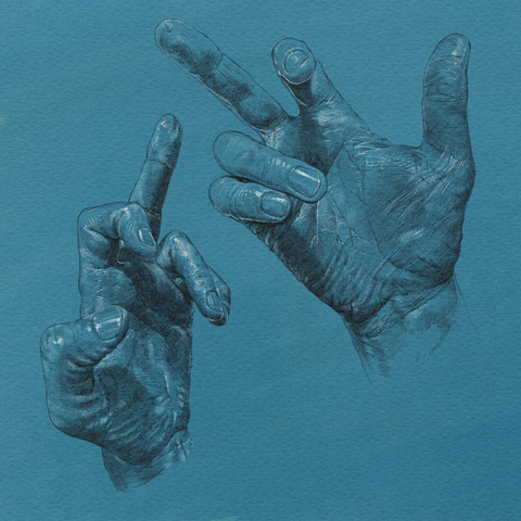 A study of two hands giving the middle finger. Drawn in pencil on blue paper.