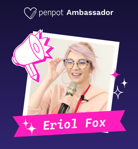 A graphic using Penpot.app's dark blue gradient background with hot pink and white graphics of a megaphone speaker and a ribbon with the name 'Eriol Fox' with anime sparkles in pink and white. At the top there is a heart and pencil logo and the title 'penpot Ambassador'. The photo is of Eriol who is a slim, femme presenting person with light skin ton, pink and black glasses, pale pink hair, large hoop earrings and is holding a microphone while adjusting their glasses and smiling at the camera.