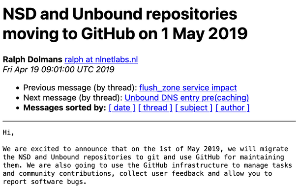 Screenshot of the unbound-users mailing list announcement on the migration to GitHub in 2019.