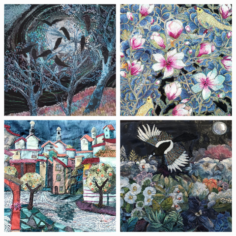 Montage showing 4 textile art pictures as follows: 1. black crows in a moonlit tree, 2. magnolias and golden song birds, 3. a village in Andalusia, 4. a magpie flying across a night time garden in summer