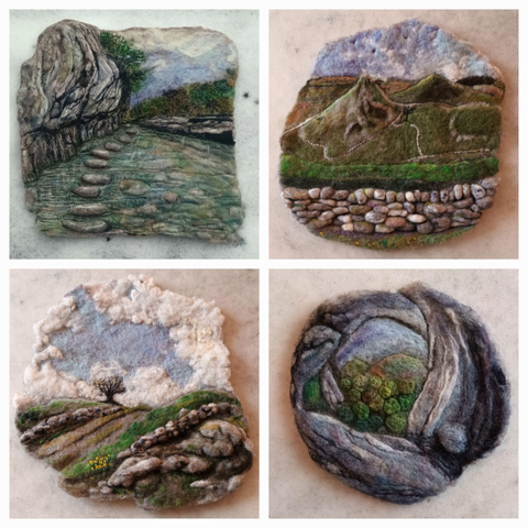 Montage showing 4 felted landscapes from Derbyshire: 1. Cheedale, 2. Chrome Hill, 3. daffodils in the Manifold valley, 4. Thor's Cave