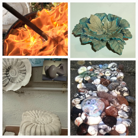 Montage showing 4 photos: 1. flames surrounding a raku firing, 2. a ceramic dish in blue and green comprised of leaves cut from clay, 3. an amonite carved from French limestone, 4. a 3D felted sculpture of beach pebbles, a jelly fish and seaweed.