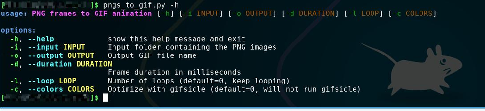 A screenshot from the terminal showing the help for my pngs_to_gif.py script, all nicely colored.