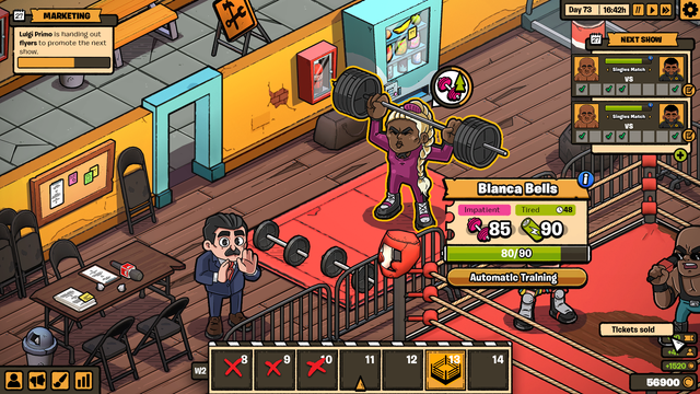 A screenshot of a wrestling management sim game in a 2.5D cartoony style, with 2D characters and 3D backgrounds. A group of wrestlers train in a run down gym. A black female wrestler lifts heavy weights to train her strength, and two other wrestlers (an asian woman and a black man) practice a spot in a ring while their white manager cheers them on.
