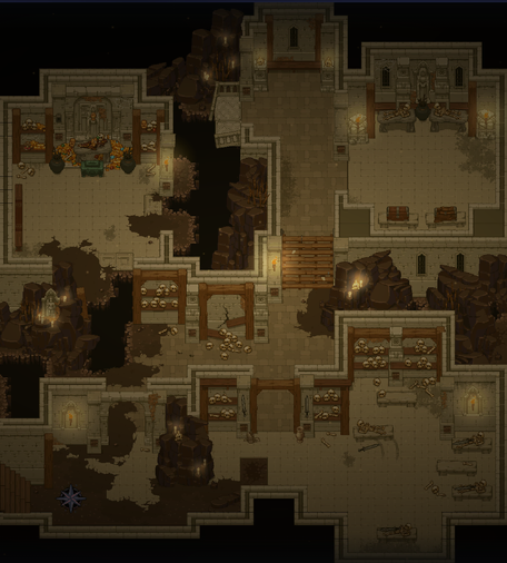 A screenshot of a top-down, 2D pixel art map for a ttrpg campaign. It's a ruined, abandoned crypt carved out of whitestone, with ornate stone pillars and archways, as well as older, broken wooden ones. The rooms are filled with dirt, caved-in portions.

The entrance is in the south west, and it opens up to a narrow hallway filled with skulls. To the bottom of the hallway there's a common crypt with more skulls in shelves as well as altars to dead wrriors. To the top right, after a flight of stairs, there's a noble crypt with two preserved skeletons and treasure chests, as well as a balcony that overlooks the final crypt, to the left. The final crypt is filled with the skulls of the servants of a long dead mage. They're surrounded with riches and treasure chests, and the only way to enter is to drop down from the balcony, or jump across a chasm from the hallway.