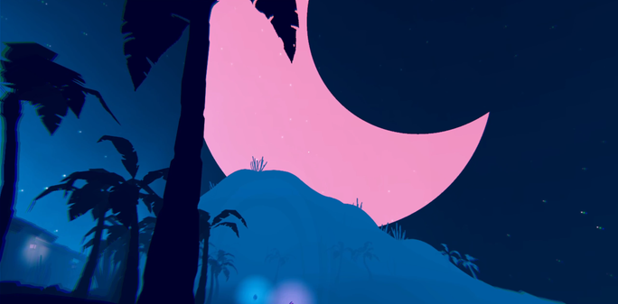 A screenshot of GUACUCO. The player looks at a beach at night. There are palm trees swaying in the wind. To the bottom left, there's a small town. In the center off to the distance there's a mountain with cacti, and  an enormous, crescent-shaped pink moon floating in the sky.