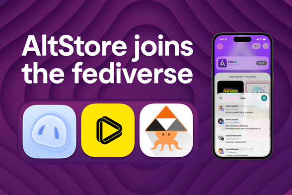 Promo image reading "AltStore joins the fediverse" with app icons for iPhanpy, Loops, and PeerTube, and a screenshot of likes on the Delta app in AltStore PAL.