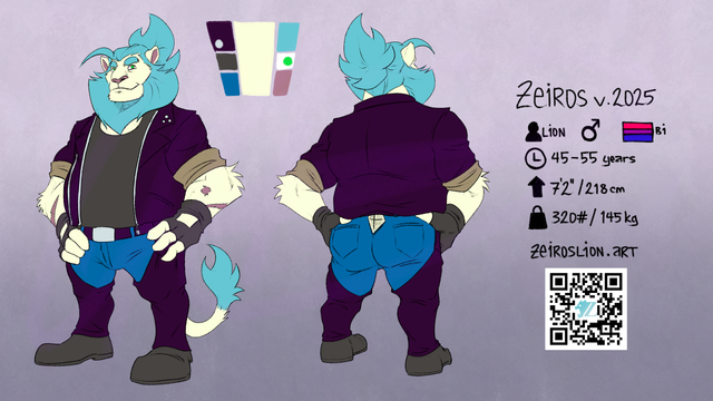 Reference sheet for my lion fursona, Zeiros. He has white fur and a blue mane which is tied back in a messy ponytail. He has a stocky powerlifter sort of body adorned with scars all over from the fights he's had in his life. His stats, as shown, are that he's a lion, male, bisexual, between 45-55 years of age, 7 feet 2 inches/218 centimeters tall, and 320 pounds/145 kilograms in weight. In this version, he is wearing biker leathers, including a unzipped jacket with the sleeves rolled up, a gray under shirt, jeans, chaps, gloves, and boots. 