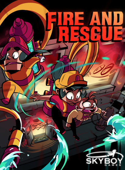 Box art for Fire and Rescue, an indie NES game, showing two cartoon firefighters rescuing a person from a burning building