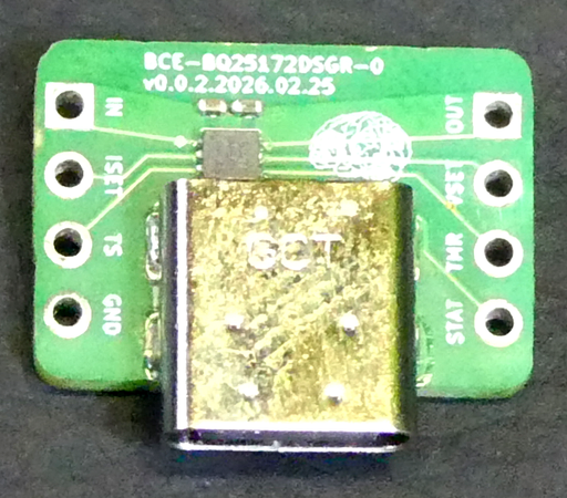 A photo of a PCB (Printed Circuit Board) with 4 prototyping holes on the left and 4 on the right. A USB-C connector is at the bottom of the board.