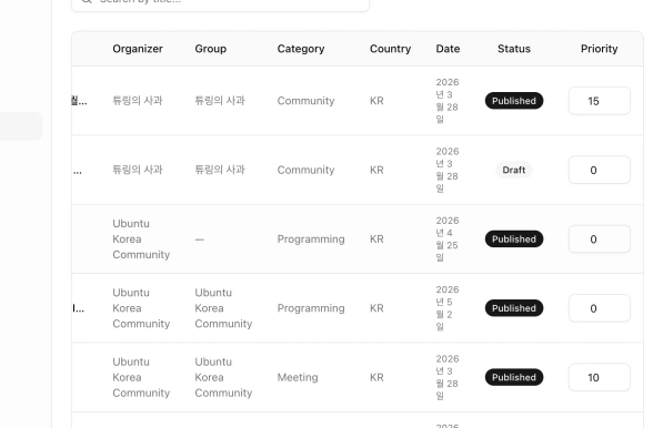 지금까지 열린 이벤트를 조회하고 우선순위를 조절할 수 있는 어드민 패널