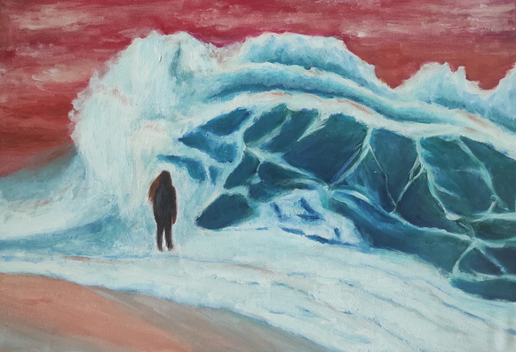 painting of someone standing in front of a wave, the sky is red